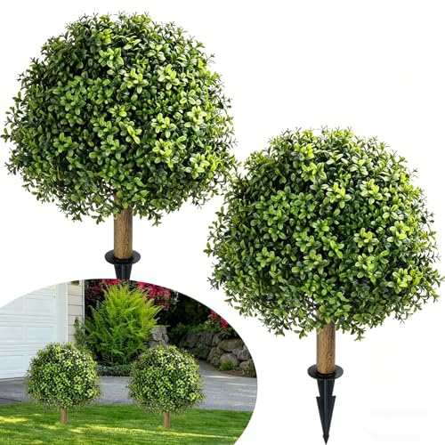 Fairblo 2 Pezzi Bossi Finto Esterno 60 cm Bosso Artificiale con Picchetto Piante Finte Arte Topiaria Alberi Arbusti e Cespugli Finti Resistenti ai Raggi UV per Balcone Terrazza Giardino Deco, Verde