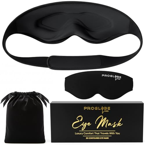 Proglobe Luxe Schlafmaske, Rücken- & Seitenschläfer, Schwarz, atmungsaktiv | 100% lichtundurchlässige Augenmaske mit druckfreien 3D Augenmulden, wimpernfreundlich und weich, für erholsamen Schlaf