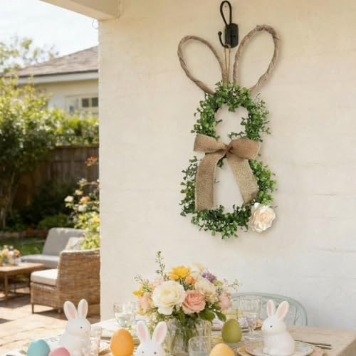 Hasenkranz Mit blüten – 50cm Osterdeko Türkranz | Künstlicher Frühlingskranz Mit Schleife | Hängende Wanddeko Für Fenster | Osterhasen Dekoration Für Party & Zuhause | Beleuchtet Erhältlich