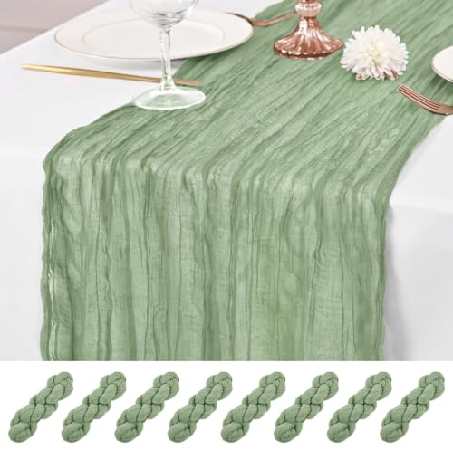 8 Pcs Sage Green Cheesecloth Table Runner, 21x120 inch Sage Green Table Runner Rustic Gauze Romantic Long Sheer Fabric 10Ft Cheese Cloth Table Runners for Wedding Party Bridal Baby Shower