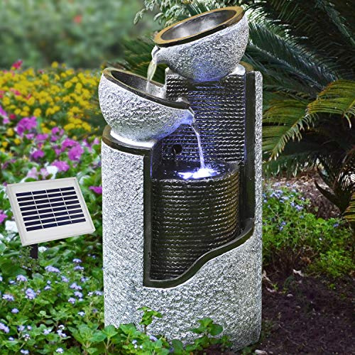 Solar Gartenbrunnen Verbessertes Modell mit Pumpen-instant-Start-Funktion, Akku und Led für Terrasse, Balkon