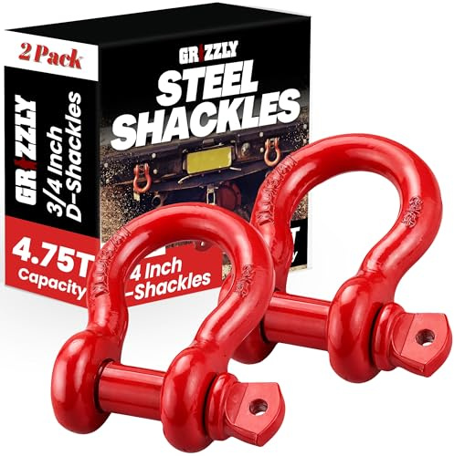 Grizzly D Ring Shackles (2 Pack) 3/4 INCH - Red - Heavy Duty Forged Steel with 4.75 Ton Capacity - Ideal for Jeeps, ATV's, Trucks to use with Recovery, Towing, Snatch Straps, Snatch Block, Tree Savers
