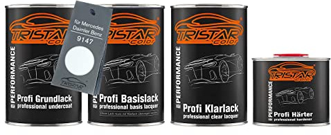 TRISTARcolor Pots de Peinture voiture pour Mercedes 9147 Branco 9147 3,5L | pour Mercedes / Daimler Benz, Branco Artica, Kit peinture de fond + base + vernis 2K + durcisseur, prêt à l'emploi