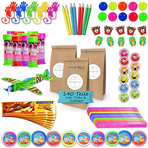 Kindergeburtstag Mitgebsel Set 140 Teile inkl Geschenktüten | XXL Mitbringsel Kindergeburtstag Set - ideal für bis zu 10 Kinder | Tombola Gastgeschenke Mitgebsel Mitbringsel Give aways für Kinder