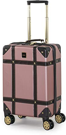 Rock Vintage Small 32L Hard Shell Suitcase - Pink | Nostalgic Vintage Design - Dual 360 Swivel Wheels, TSA Lock - Lightweight 3.2kg - 54 x 35 x 22.5cm - Tough Impact Shell