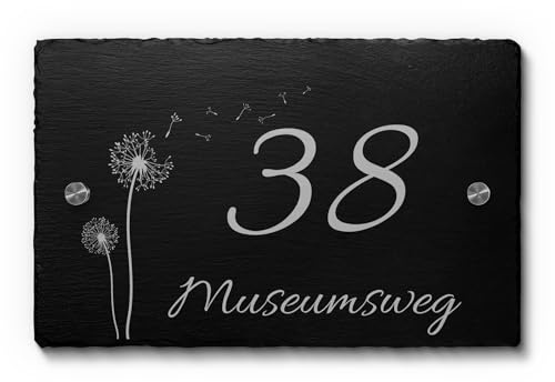 Premium Hausnummer aus einzigartigem Schiefer mit Gravur Zahlen Straße und Ziffern - ab 22x14 cm Schiefer Schild Hausnummernschild mit Abstandshaltern
