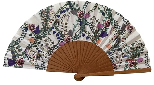 Tusitala Barcelona Abanico Español Diana - Madera y Algodón - 23 cm - Estuche y Funda de Yute - Accesorio de Moda - Hecho a Mano en España - Eventos y Regalos - Colección Alzar la Mirada
