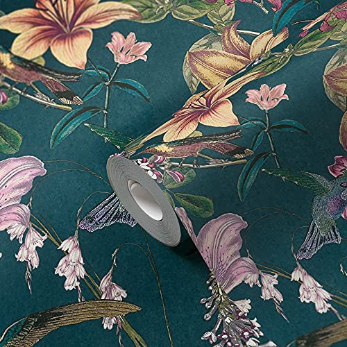 A.S. Création Architects Paper Blumentapete Jungle Chic Vogeltapete PVC-freie Vliestapete blau gelb grün rot schwarz matt glatt 377012 37701-2, 10.05 m x 0.53 m