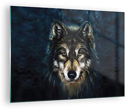 Moderne Impression sur Verre Loup Sombre Graphiques Image Tableau en Verre Decoration Murale 70x50cm Deco Cadre Salon Chambre Cuisine Horizontal Petit Tableaux Decoratifs Muraux Art Wall GAA70x50-4845