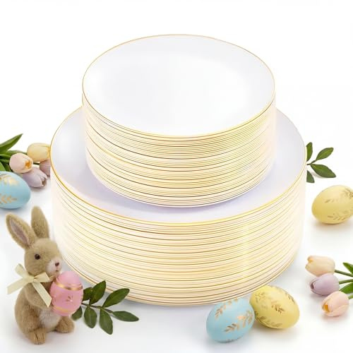 KIRE 100PCS Disposable Plates - White with Gold Rim Plastic Plates - Includes 50Pieces 10.25inch Dinner and 50Pieces 7.5inch Dessert/Salad Plate for Wedding/Spring Party/Graduation