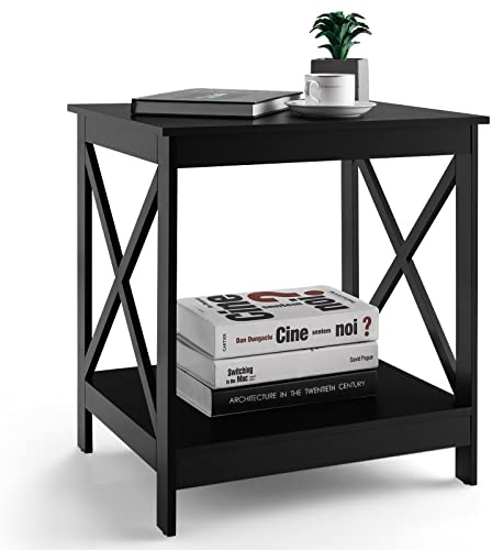 COSTWAY Bedside Table, 2/3-Tier Nightstand Sofa Side End Table with Storage Shelf, Modern Wooden X-Shaped Coffee Snack Table for Living Room, Bedroom and Office (Black, 2 Tiers: 51 x 45 x 57cm)