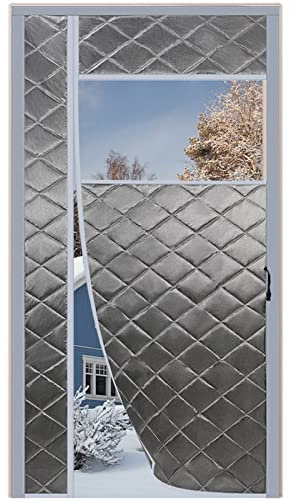 MEEYI Winddicht Thermovorhang 225x230cm, Outdoor Hitzebewahrung Thermisch Isolierter Türvorhang Mit Transparentem Fenster Zugluft Haustur Turvorhang für Fenster, Grau