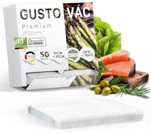 GustoVac Premium vakuumpåse, 50 st. 16 x 25 cm professionell foliepåse, vakuumpåse för vakuumförpackare, koksäker och sous vide fryspåsar, livsmedelsvakuumförpackare, tillverkad i Netherlands, BPA-fri
