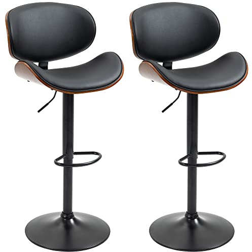 HOMCOM Lot de 2 tabourets de Bar Chaise de Cuisine avec Dossier revêtement synthétique Hauteur réglable pivotant Repose-Pied Noir