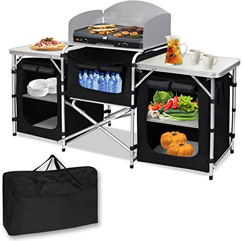SUBTLETY 174x52x110cm Outdoor Camping Küche Set Faltbare Camping-Schränke inkl. 5mm MDF Platten & Tragetasche & Metallrahmen Mobile Zeltschrank für Picknicks Strandausflüge Grillabende