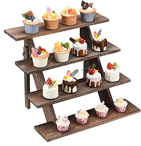 BestAlice Wooden Cupcake Stand Tower and Display Stands, 4 Tier Wooden Display Riser for Vendor Events, Farmhouse Cupcake Stands Table Dessert Display Stand