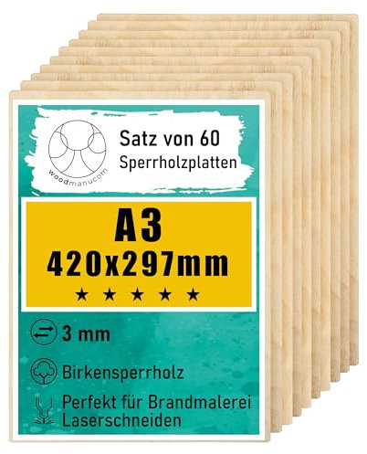 woodmanucom Sperrholzplatte 3mm 60x A3 420mm x 297mm Platten Aus Birkensperrholz Birkensperrholz Dünne Holz Zuschnitte Bastelholz Platte Sperrholz Holzplatte Laser Basteln Modellbau Holz Deko