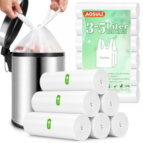 AOSULI kleiner Mülleimer mit 3L-5 Litern ausgekleidet, ausgestattet mit einer Zugstange Badezimmer Müllbeutel, Mini Pedal Müllbeutel, 120 transparente und weiße Liner