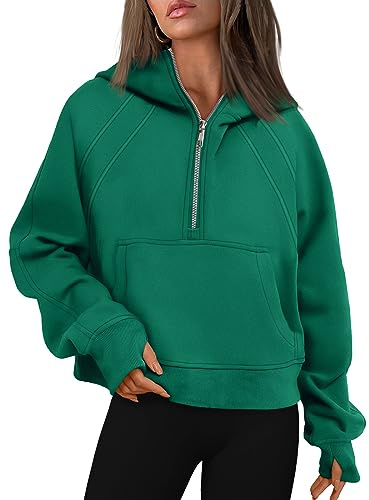 WYNNQUE Felpe con cappuccio da donna felpe oversize con zip a mezzo quarto pullover corto manica lunga autunno abiti alla moda, Verde prato., Large
