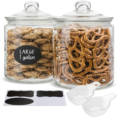 KooK Glass Kitchen Jars, Food & Cookie Storage Containers for Pantry, Bathroom Apothecary Canisters, Dishwasher Safe, with Chalk, Label, Plastic Scoops (1 Gallon)