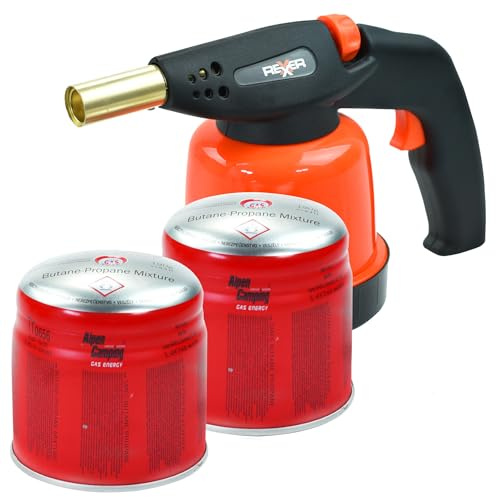 REXXER Gasbrenner Set mit 2 Alpen Camping Propan-Butan Kartuschen | 1700 W, Piezozündung, GAS-STOP, 2 Propan-Butan Kartuschen 190 g, bis 1300 °C