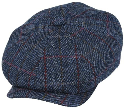Mens Pure Harris Tweed Check Wool Newsboy Cap Check 8 Panel Grandpa Flat Hat [HN203NVY-NAVY-XL]