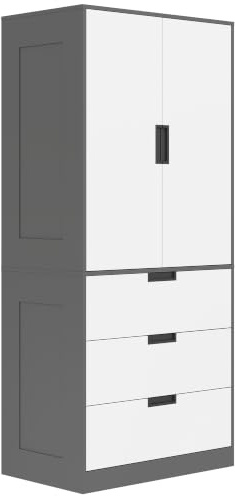 HOMCOM 2 Door Wardrobe with 3 Drawers & Hanging Rail, Modern Clothes Storage Cupboard Unit, Bedroom Wardrobe with Soft Closing Hinge, 50D x 80W x 180Hcm, Grey