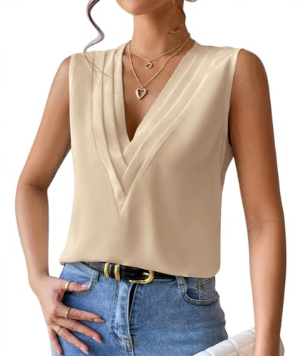 ORANDESIGNE Débardeur Femme Chic Et Élégant Top Chemisier Sexy Blouse Ample Haut Été sans Manches Tee Shirt Col V Fluide Mode Casual Chemise Classique Debardeur Travail Camisole B Abricot XXL
