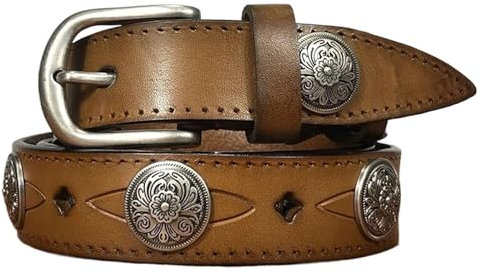WRJAHCG Nietengürtel Damen Schmal 2.8CM, Taillengürtel Damen Verstellbarer Vintage Western Cowboy Lässiger Echtledergürtel mit Dornschließe Legiertem Metall,Khaki,90CM/35.43''