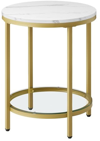 VASAGLE Beistelltisch rund, Glastisch mit Hartglas und Metallgestell | Kleiner Couchtisch, Nachttisch, Sofatisch, Balkon, Marmorweiss und Blassgold, BARIS Kollektion LET285A59