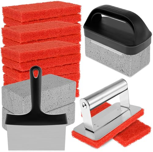 xiangbaoshang 26pcs Bratpfanne Reinigungskit Praktisch flaches Obergrill Reinigungsmittel Kit mit Griffblockpolsts Rippschaber und Bimsstein Stein Multifunktional Cleaning Kit Grill Cleaner