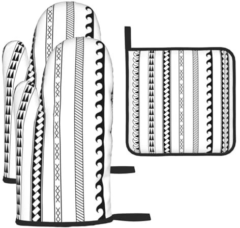 Set di 3 guanti da forno, guanti da forno e presine con motivo a strisce triangolari, motivo bohémien, per cucina, cottura