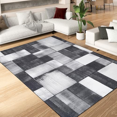 Alishomtll Teppich Wohnzimmer Schlafzimmer Waschbar Kurzflor Anti-Rutsch TPR Unterseite Langlebig Robuster Polyester Teppich Rechteckig Pflegeleicht, Schwarz Grau 120x170 cm