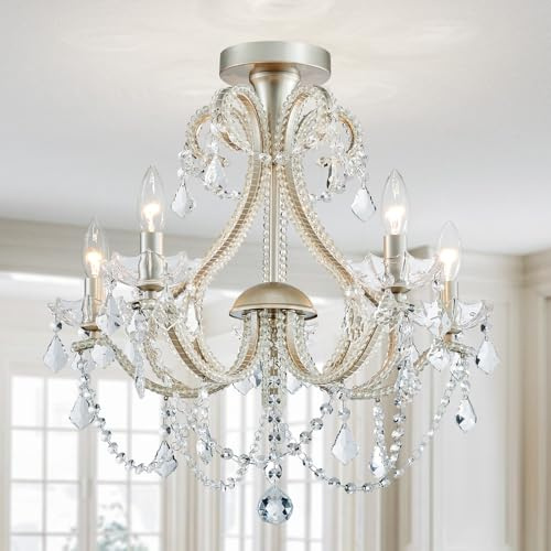 WUZUPS 5-luce candela in cristallo lampadario Flushmount lampada a soffitto illuminazione moderna per camera da letto corridoio bar cucina bagno, H 53cm x L 56cm, base E14, nichel spazzolato