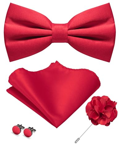 JEMYGINS Herren Matte Einfarbige Fliege mit Taschentuch Manschettenknöpfen und Ansteckblume Set