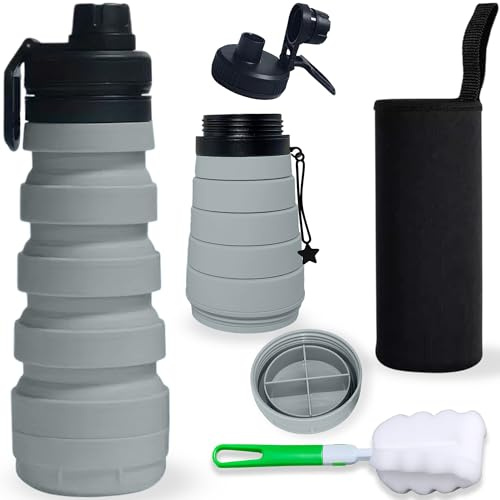 DARZWAY Botella Plegable de Silicona 750 ml – Con Funda de Neopreno y Cepillo Limpiador – Cantimplora Reutilizable y Flexible – Sin BPA – Ideal para Camping, Viajes y Deporte. (Gris)