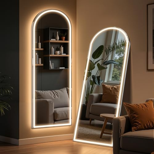 Arched Full Length Mirror with LED Lights, 60x16 LED Floor Mirror with Stand, Body Floor Mirrors with Dimming & 3 Color Lighting, Wall Mounted LED Mirrors for Bedroom, Dressing Room, Cloakroom