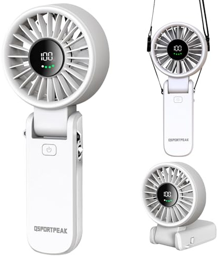 QSPORTPEAK Ventilatore portatile, potente ventilatore portatile con display LED, 5 Velocità, massimo 12 ore, 4000 mAh, 3 in 1 mano/scrivania/collo ventilatore, Viaggi/Campeggio/All'aperto-Bianco