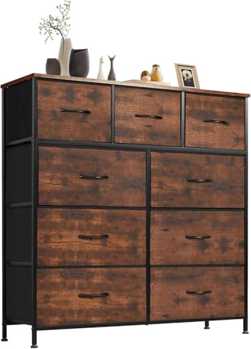 DUMOS Kommode mit Schubladen - Kommoden&Sideboards für Schlafzimmer Geeignet, Komodenschrank mit 9 Schubladen, Stoffkommode mit Stabilem Stahlrahmen, Ideal für Schlafzimmer, Wohnzimmer (Vintagebraun)