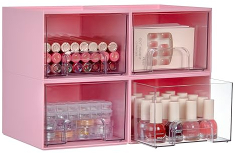 Vtopmart 4 Pack Small Clear Stackable Storage Drawers, Acrylic Bathroom Makeup Organizer, Plastic Storage Bins For Vanity, Undersink, Kitchen Cabinets, Pantry, Home Organization,Pink