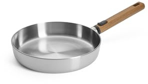 Woll – Logic Steel Flachpfanne Ø 24 cm Edelstahl, 5 cm hoch – Induktion – PFAS-freie Pfanne mit abnehmbarem nachhaltigem Holzstiel – für alle Herdarten