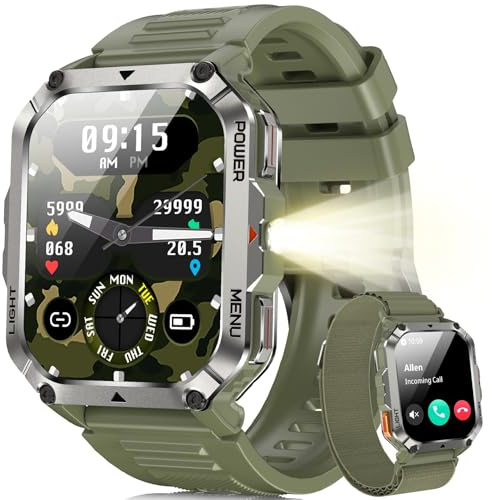 Blackview Smartwatch Herren mit 900mAh, Bluetooth-Anrufe/Kompass/LED-Beleuchtung/2 Armbänder (Silikon/Nylon), Sportuhr mit Puls-Schlaf-Schritte-Kalorien-Kilometer-Monitor, Fitnessuhr für Android iOS