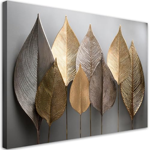 Feeby Wandbild - Wohnzimmer Modern Deko - Minimalismus Goldblätter Abstrakt - 90x60 1tlg - Bilder Leinwand - Bild auf Leinwand Schlafzimmer - Leinwandbilder für die Wand - Canvas Painting - Fotokunst