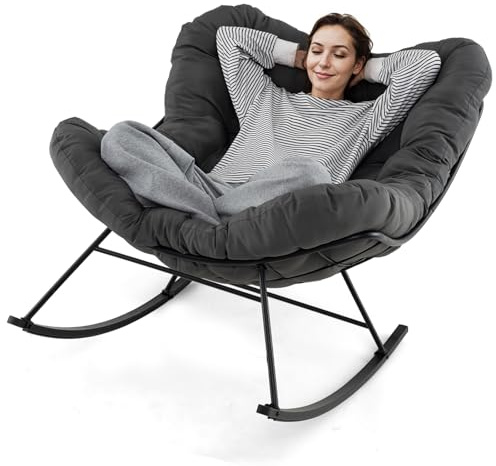 COSTWAY Fauteuil a Bascule d'Intérieur et d'Extérieur, Chaise Papasan Surdimensionnée avec Coussin Rembourré, Cadre en Métal, Fauteuil Œuf pour Salon, Patio, Capacité 205 kg (Anthracite)