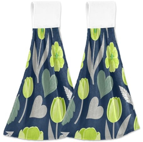Fluorescent Green Flowers and Leaf towels with hook loop child washcloths 2 Pack toalla de manos
