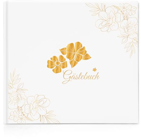 Gästebuch Goldene Hochzeit mit 40 Schöne Aufkleber und 48 Doppelseiten Premium Dickem Papier, 21x23cm Gästebuch Geburtstag,Hardcover Hochzeit Gästebuch Blanko für Hochzeitstage JGA Taufe Ferienwohnung