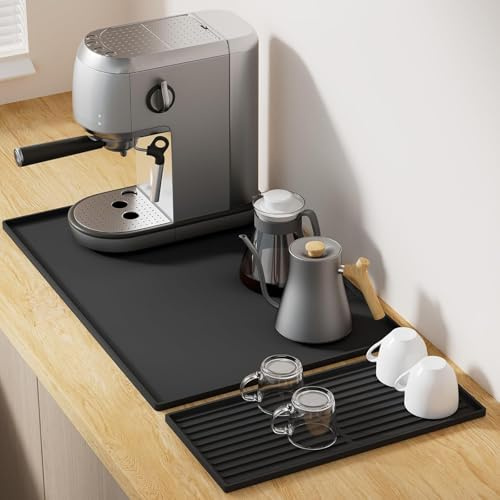 Vyranut 2-i-1 bänkmatta i silikon – 60 x 40 cm spillmatta med 40 x 19 cm torkmatta och magnetisk kapselhållare, halkfri och värmebeständig för kök eller espressostation (svart)