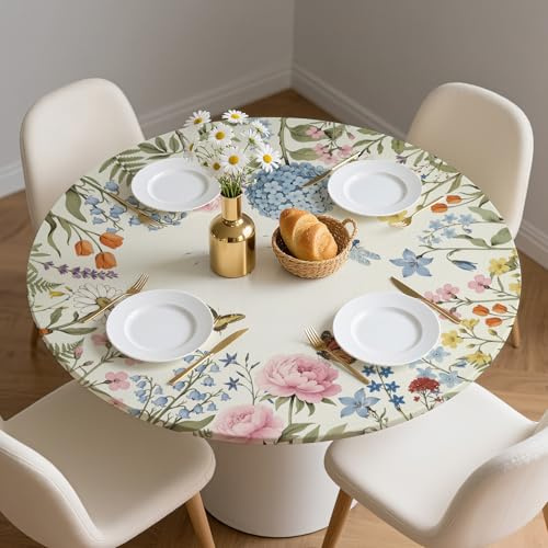 CUTHOLLOW Nappe Ronde 132 cm avec Bord Élastique, Impermeable Anti Tache Nappe de Jardin avec Motif Fleurs et Papillons, Polyester Nappes de Table pour Cuisine - Lavable - pour Le Tableau 114-132 cm