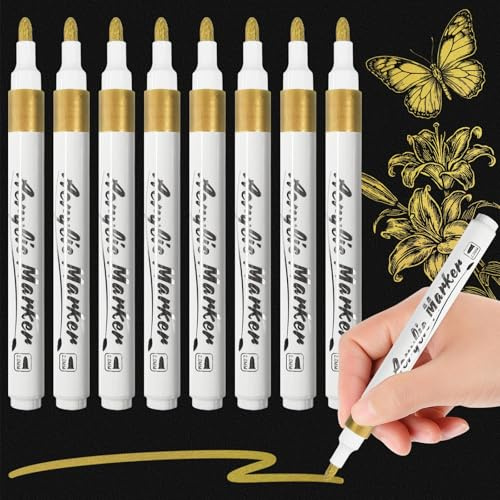 ARIEL-GXR Gold Acrylic Paint Pens, 8pcs Gold Pens, Permanent Acrylic Markers, Metallic Marker Pens for Christmas Cards, Glass, Ceramic, Rock Painting