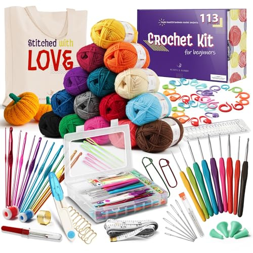 Crochet Kit for Beginners Adults and Kids, 113 Piece Knitting & Crochet Supplies, 1500 Yards Assorted Yarn, 21 Ergonomic Hooks, Plus Many Accessories – Beginner Crochet Kits Ideal for Amigurumi
